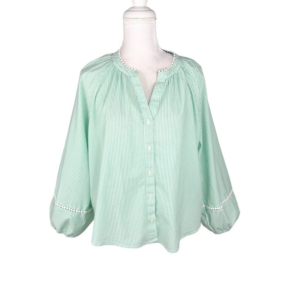 J. Crew light green stripe peasant top blouse full sleeves embroidery XXL plus - Picture 10 of 16